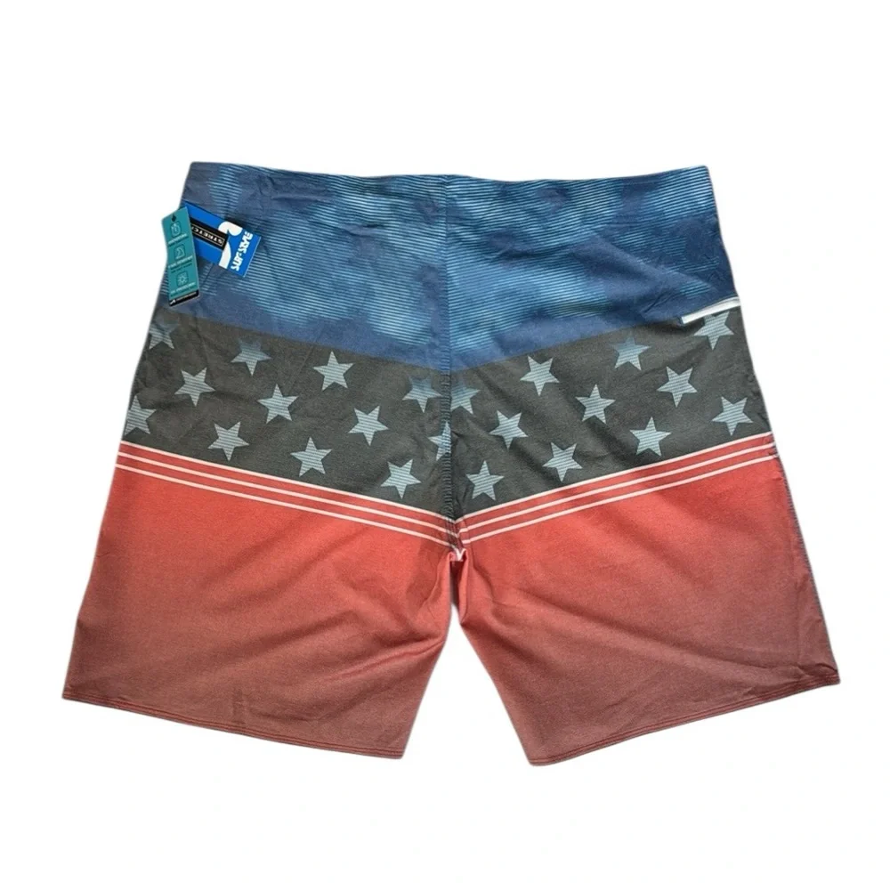 NWT Surfstyle Red White Blue Gray Patriotic Men's Stretch Swim Board Shorts 38